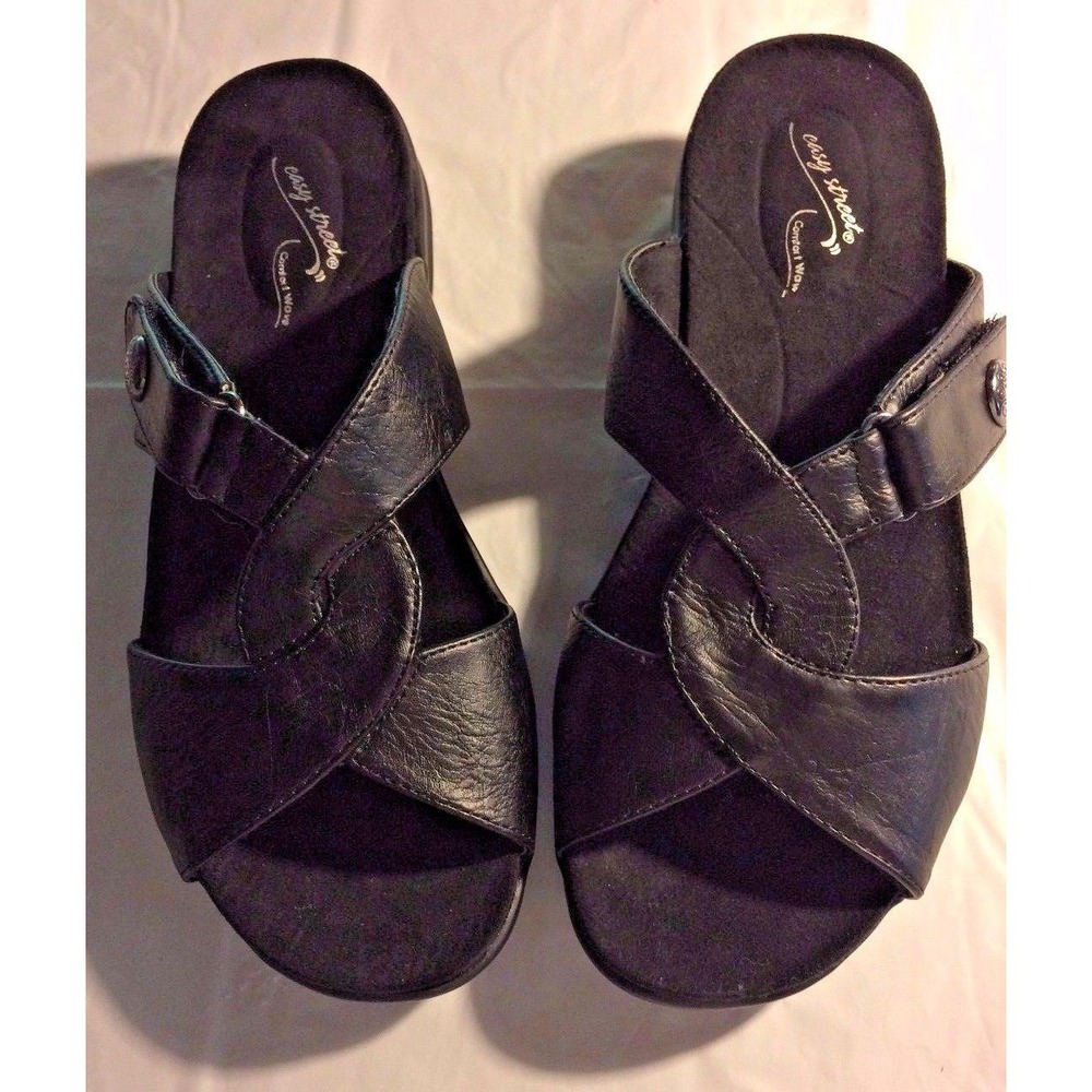 EASY STREET Shoes Women's Size 6.5 M Black Slip on Sandal COMFORT WAVE  Shoes